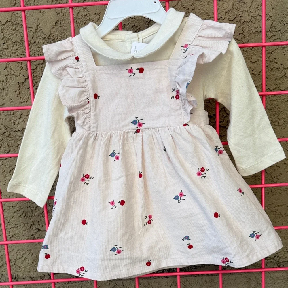 New GAP Baby Set Cream Bodysuit/Light Pink Corduroy Dress With Floral Design